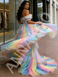Sparkle Tulle Rainbow Off The Shoulder A Line Prom Dress
