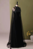 Beading A Line Black Halter Evening Dress with Cape