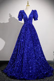 Sequin V Neck Puffy Sleeve Royal Blue Prom Dress