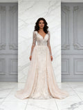 Champagne Tulle Long Sleeves V Neck Beading A Line Wedding Dress