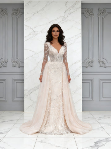Champagne Tulle Long Sleeves V Neck Beading A Line Wedding Dress