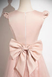 Tulle Scoop A Line Bow Pink Satin Prom Dress