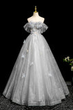 Butterfly A Line Off The Shoulder Gray Tulle Sequins Prom Dress