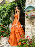 Orange Strapless Satin Ruffles Beading A Line Prom Dress