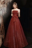 Burgundy Strapless Sequin Sparkle Tulle A Line Prom Dress