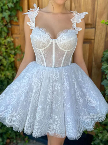 Sweetheart Neck Short White Lace Homecoming Dress