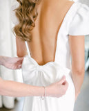 A Line Satin Short Sleeve Backless Detachable Train Wedding Dress