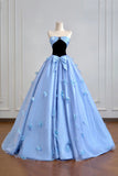 Blue Tulle Butterfly Beading Black Velvet Prom Dress