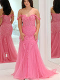 Off The Shoulder Mermaid Pink Lace Appliques Prom Dress