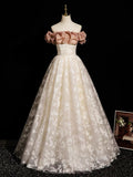 Off Shoulder Tulle Print A Line Champagne Prom Dress