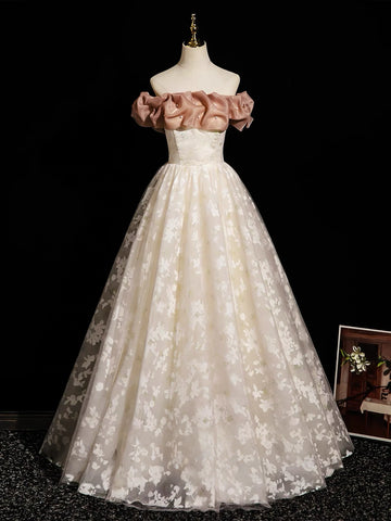 Off Shoulder Tulle Print A Line Champagne Prom Dress