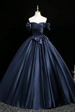 Off-Shoulder Ball Gown Navy Satin Prom Dress With Bow