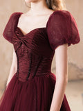 Sparkle Tulle A-Line Short Sleeve Burgundy Prom Dress