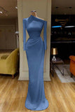 Long Sleeves White Asymmetric Neckline Satin Prom Dress