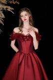 Satin Tea Length A Line Burgundy Prom Dress
