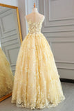 Sheer Appliques Lace A Line Yellow Prom Dress