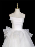 White Strapless Ruched Ruffles A Line Organza Wedding Dress