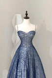 A-Line Spaghetti Strap Blue Tulle Sequins Prom Dress