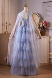 A Line Beading Butterfly Blue Flower Prom Dress
