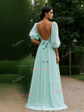 Mint Green A Line Long Sleeve Chiffon Prom Dress With Slit