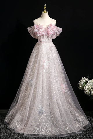 Floral Off The Shoulder Pink Tulle Sequins A Line Prom Dress
