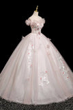 Pink Tulle Flower Off The Shoulder Appliques Prom Dress