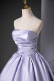 Ruched Satin Floor Length A-Line Lilac Strapless Prom Dress