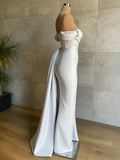 Off The Shoulder Satin Mermaid Champagne Draped Train Prom Dress