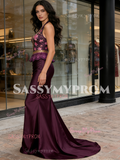 Print Sequin Trumpet Mermaid Purple Halter Prom Dress