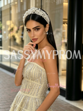 Strapless Tulle A Line Champagne Tassel Prom Dress With Slit