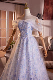 Princess Tulle A Line Blue Flower Prom Dress