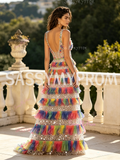 V Neck Rainbow Sequin A Line Backless Tulle Prom Dress