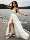 Tulle A Line Appliques Spaghetti Straps Wedding Dress With Slit