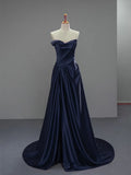 V Neck Satin Dark Blue Sweetheart A Line Prom Dress