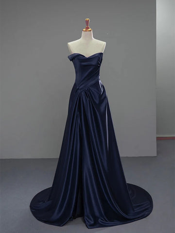 V Neck Satin Dark Blue Sweetheart A Line Prom Dress