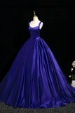 Straps Square A Line Satin Royal Purple Prom Dress