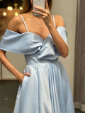 Ruched Satin Light Blue Off Shoulder Prom Dress