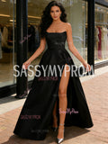 A Line Satin Ruched Green Strapless Prom Dress With Slit