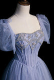 Puffy Sleeves A Line Sweetheart Tulle Blue Prom Dress