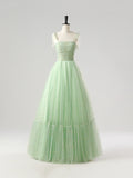 Light Green Tulle Spaghetti Strap Sequin Prom Dress