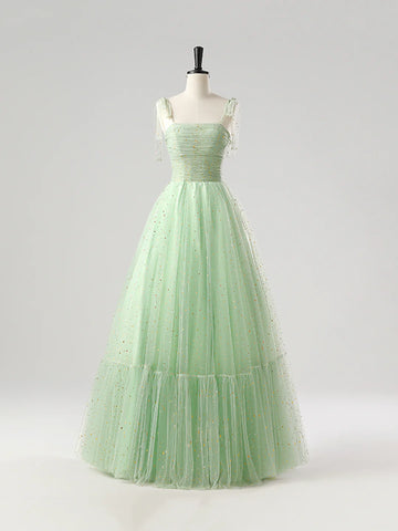 Light Green Tulle Spaghetti Strap Sequin Prom Dress