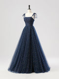 Spaghetti Strap Sequin Navy Tulle Sparkle Prom Dress