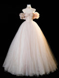 Tulle Beading A Line Corset Champagne Prom Dress