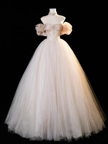 Tulle Beading A Line Corset Champagne Prom Dress