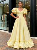 Sweetheart A Line Satin Puffy Sleeve Yellow Prom Dress