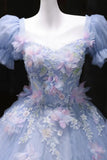 Tulle Square Sequin Puffy Sleeve Blue A Line Prom Dress