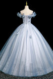 Flowers Floral A Line Blue Tulle Prom Dress