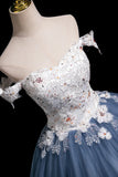Tulle A Line Off The Shoulder White Floral & Gray Prom Dress