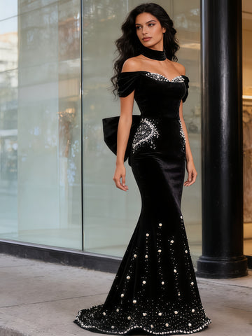 Black Beading Trumpet Mermaid Off The Shoulder Bow Prom Dress Custom Made