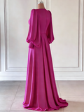 Bishop Sleeves Fuchsia Deep V Neck A Line Satin Prom Dress